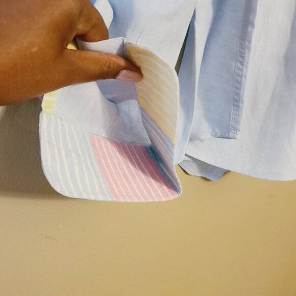 MINE | Men's Blue Multicolored Placket 100% Linen Button-Down Shirt (Size Large) - Picture 9 of 12